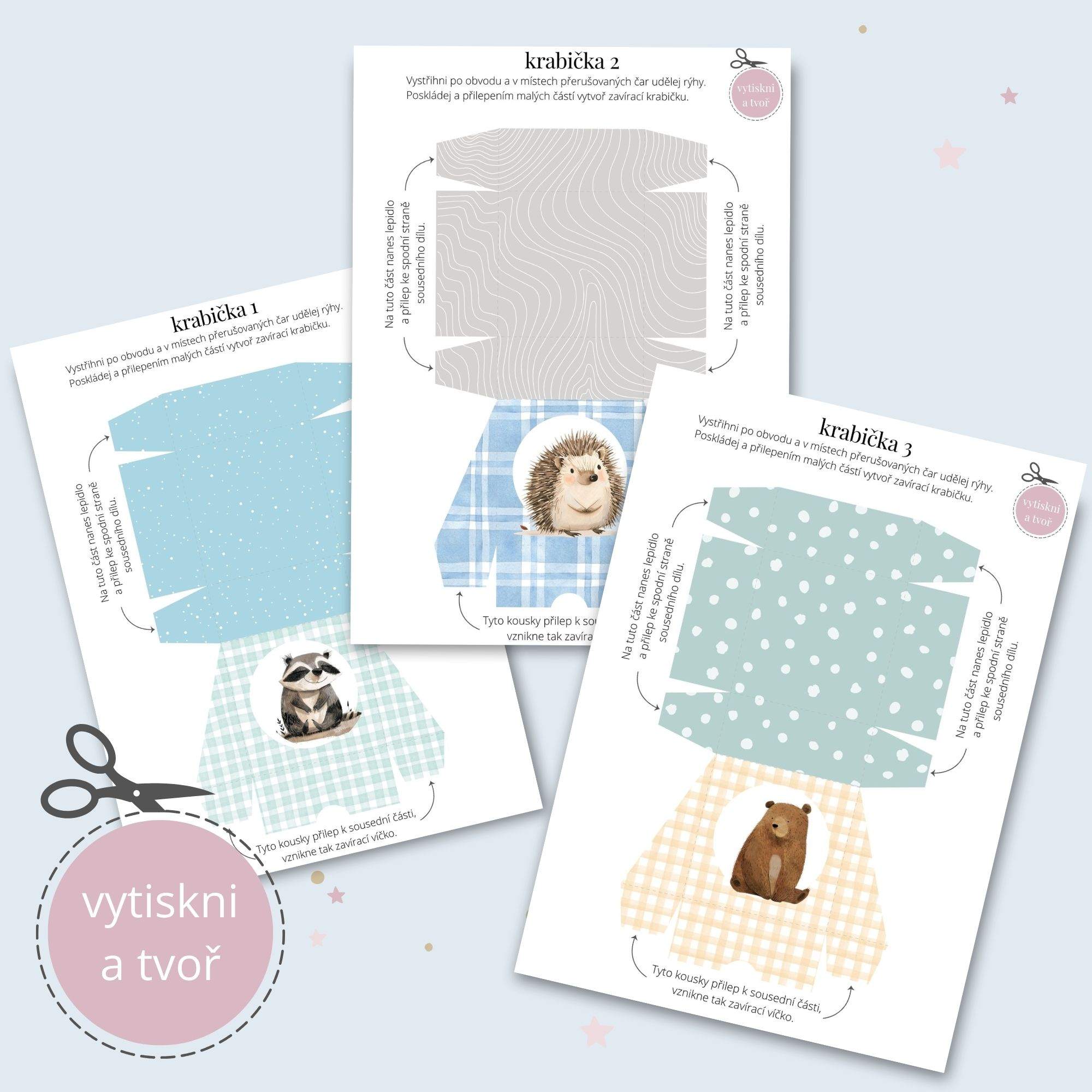 Lesní přátelé – sada 3 klučičích krabiček k vytištění.