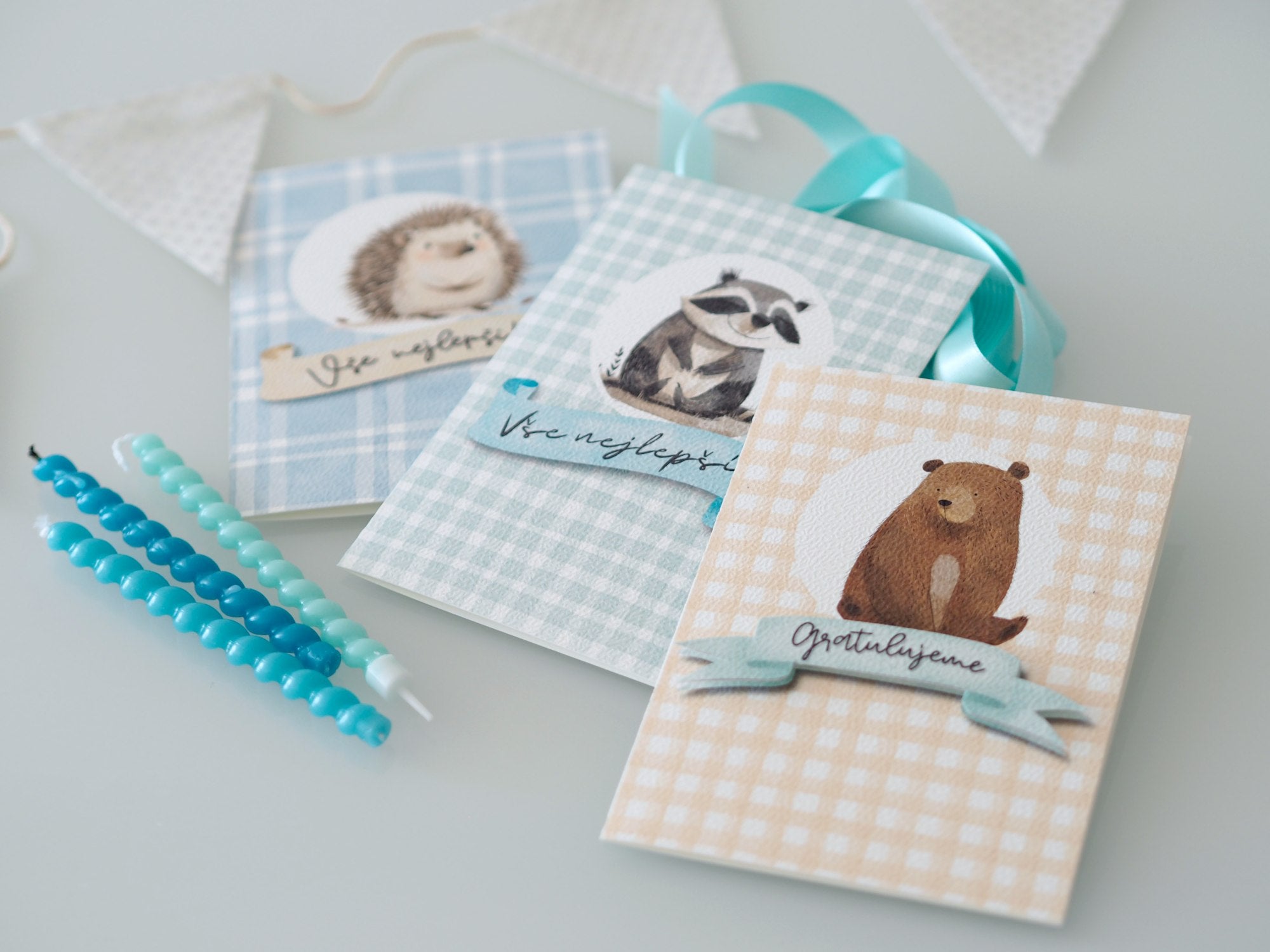 Přání Lesní přátelé pro kluky, originální motiv s roztomilými zvířátky.