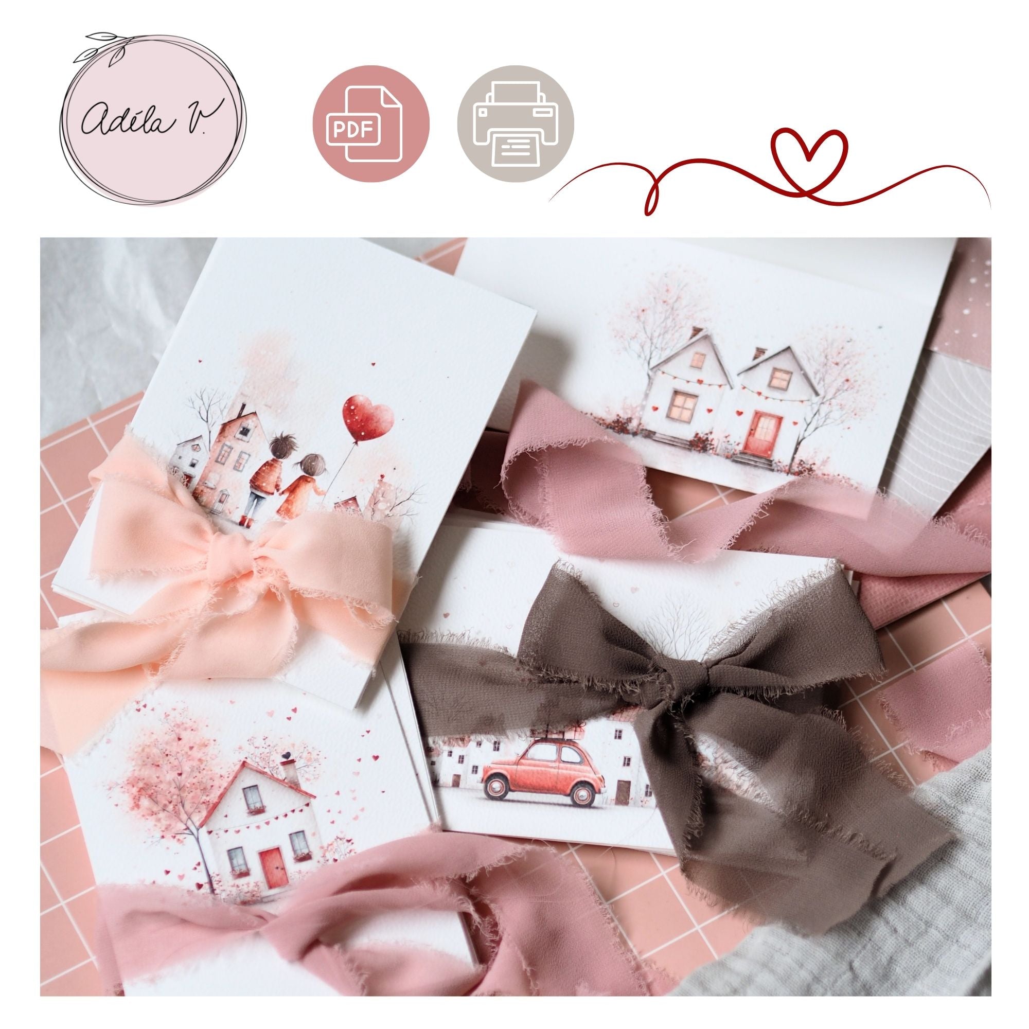 Kompletní sada tisknutelných přání, obálek a krabiček v jemných tónech červené a béžové