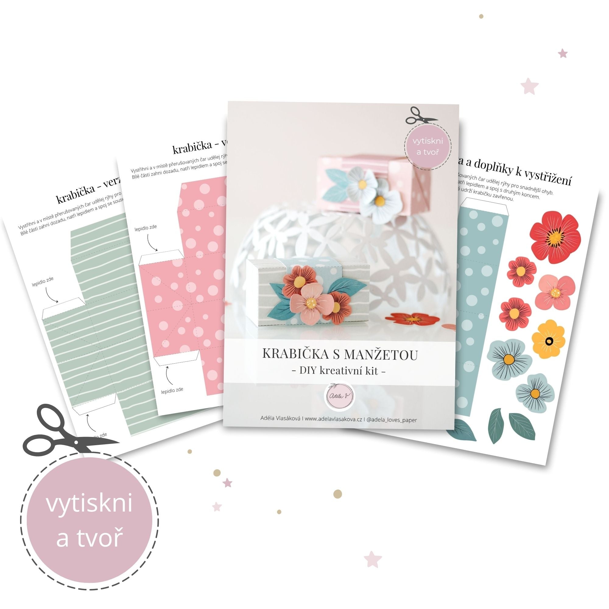 Detail rozložené papírové krabičky s manžetou – ukázka šablony