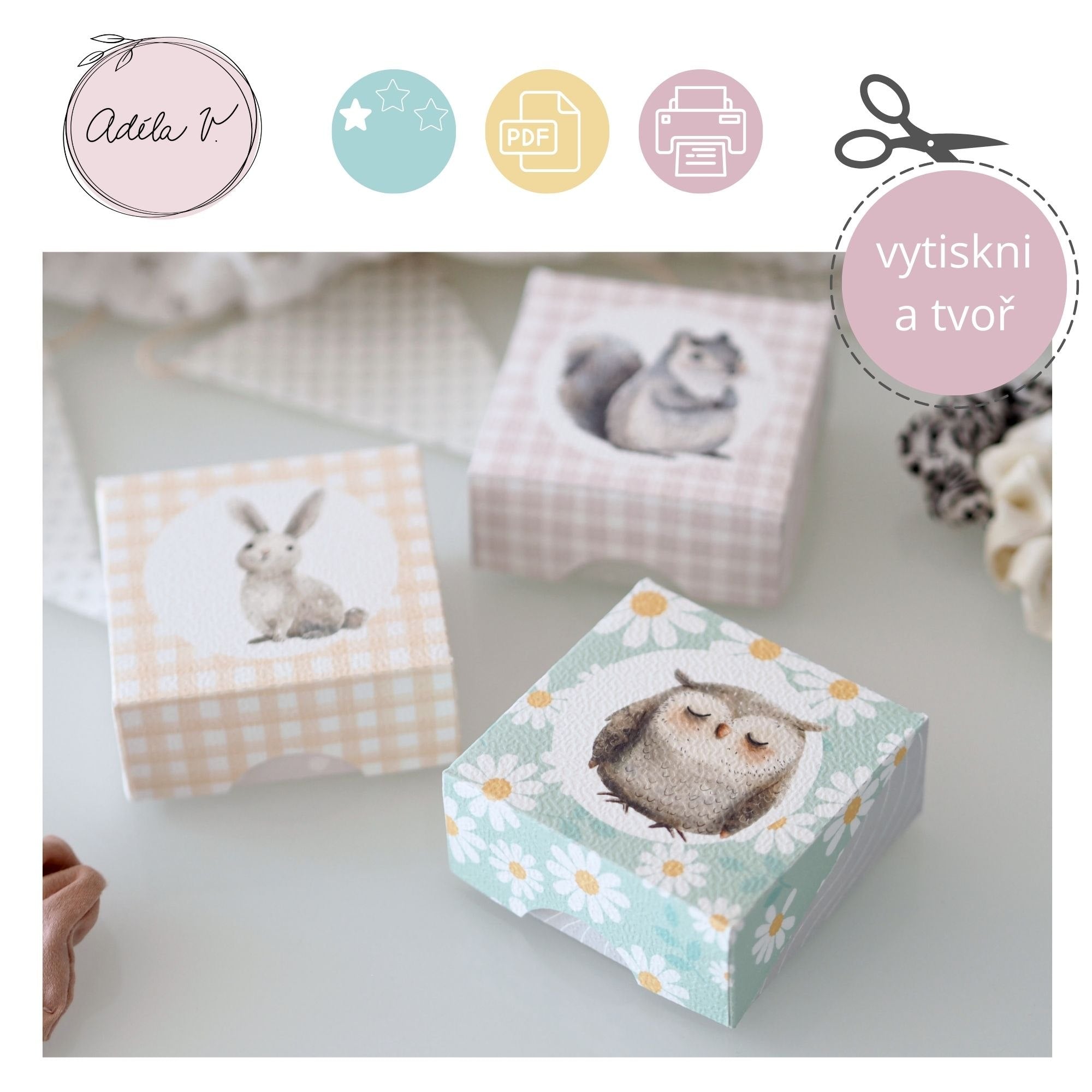 Dárkové krabičky s veverkou, zajíčkem a sovičkou v jemných pastelových barvách.