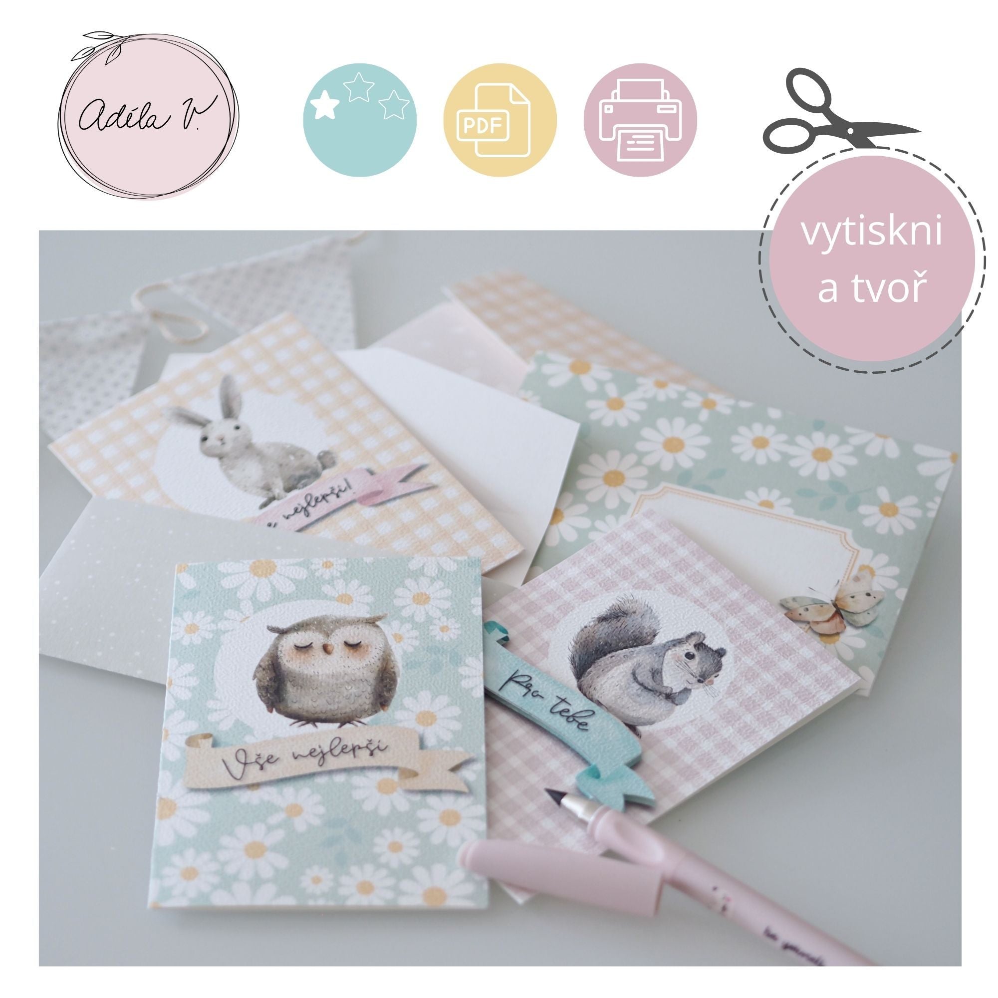 Malá sada Lesní přátelé pro holky: přání a obálky s jemnými lesními motivy.