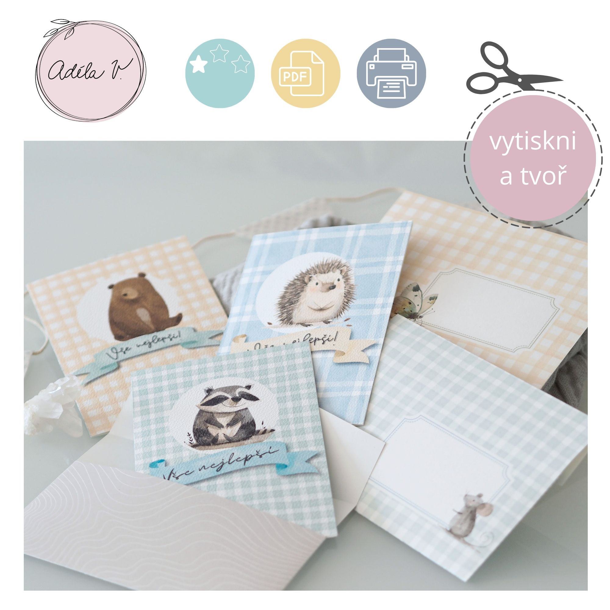 Malá sada Lesní přátelé pro kluky: přání a obálky v modrozelených barvách.