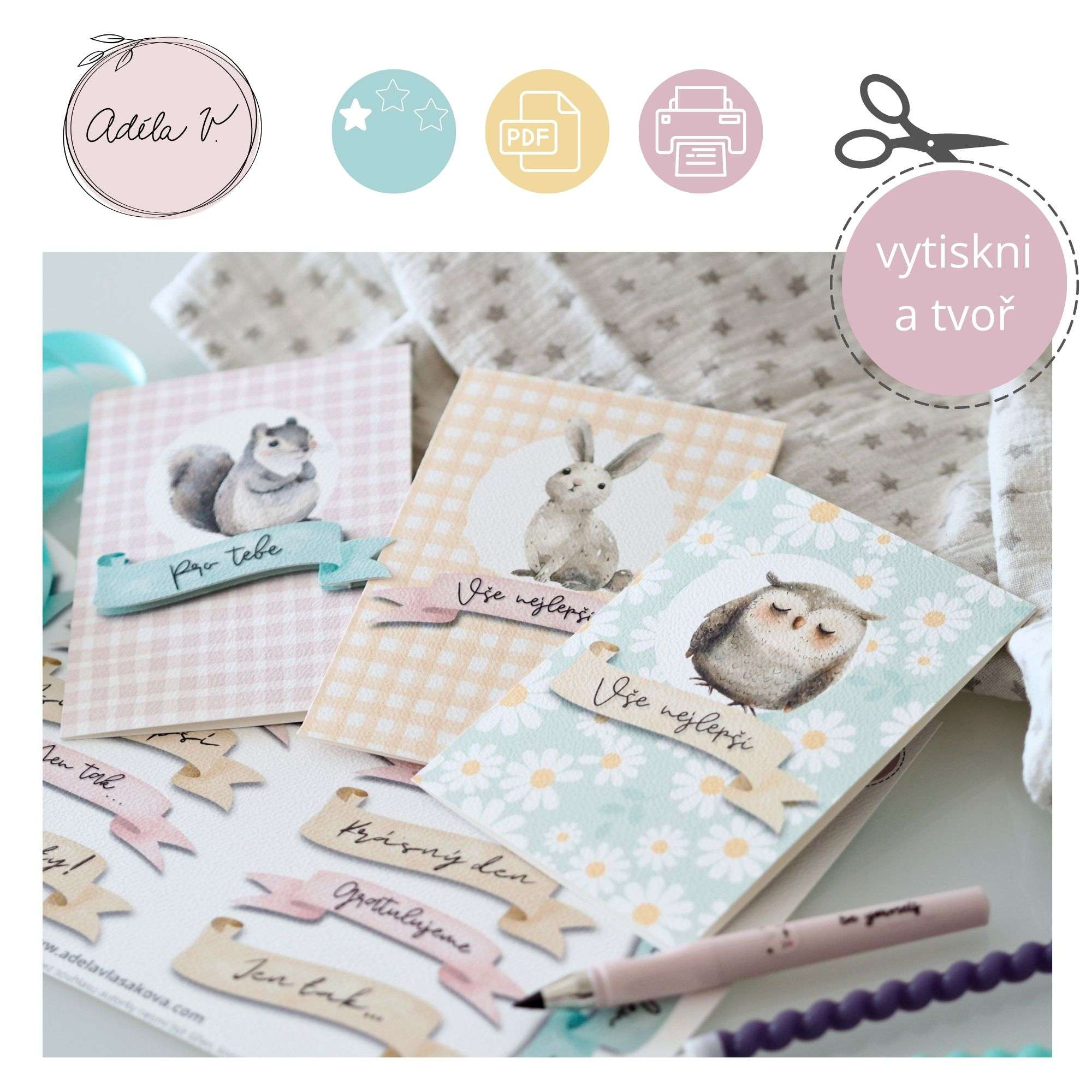 Přání k tisku s veverkou, zajícem a sovičkou v jemných pastelových barvách pro holky.