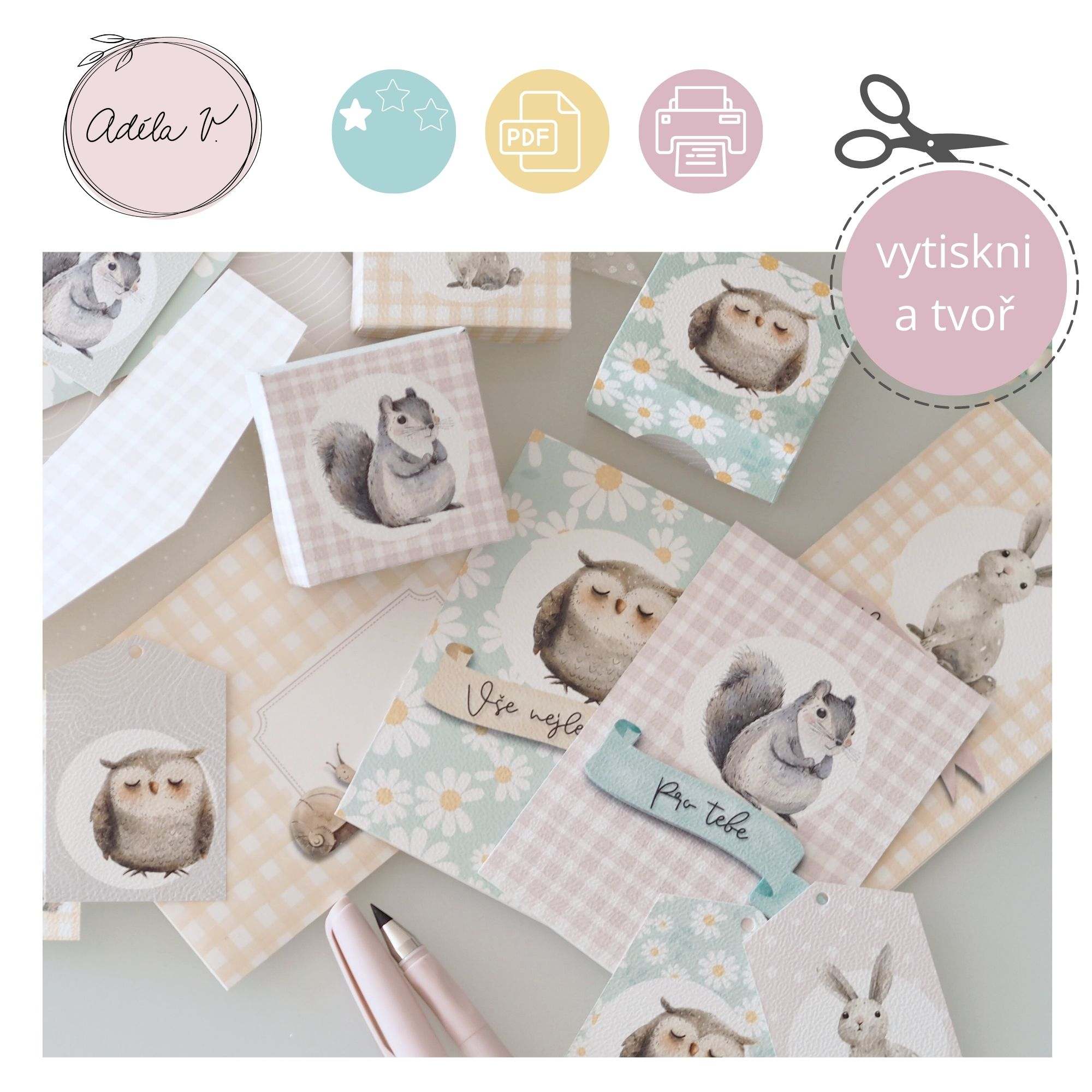 Velká sada Lesní přátelé pro holky: přání, obálky, visačky a krabičky.