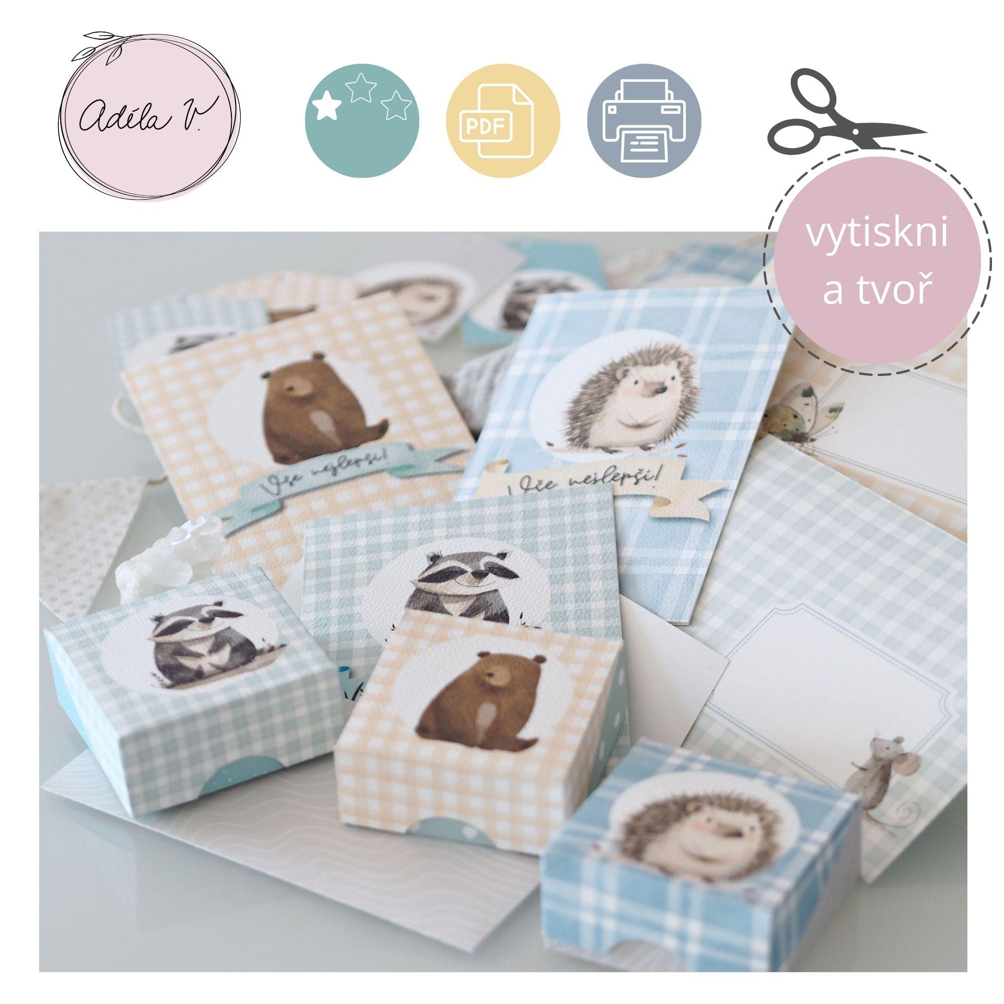 Velká sada Lesní přátelé pro kluky: přání, obálky, visačky a krabičky.