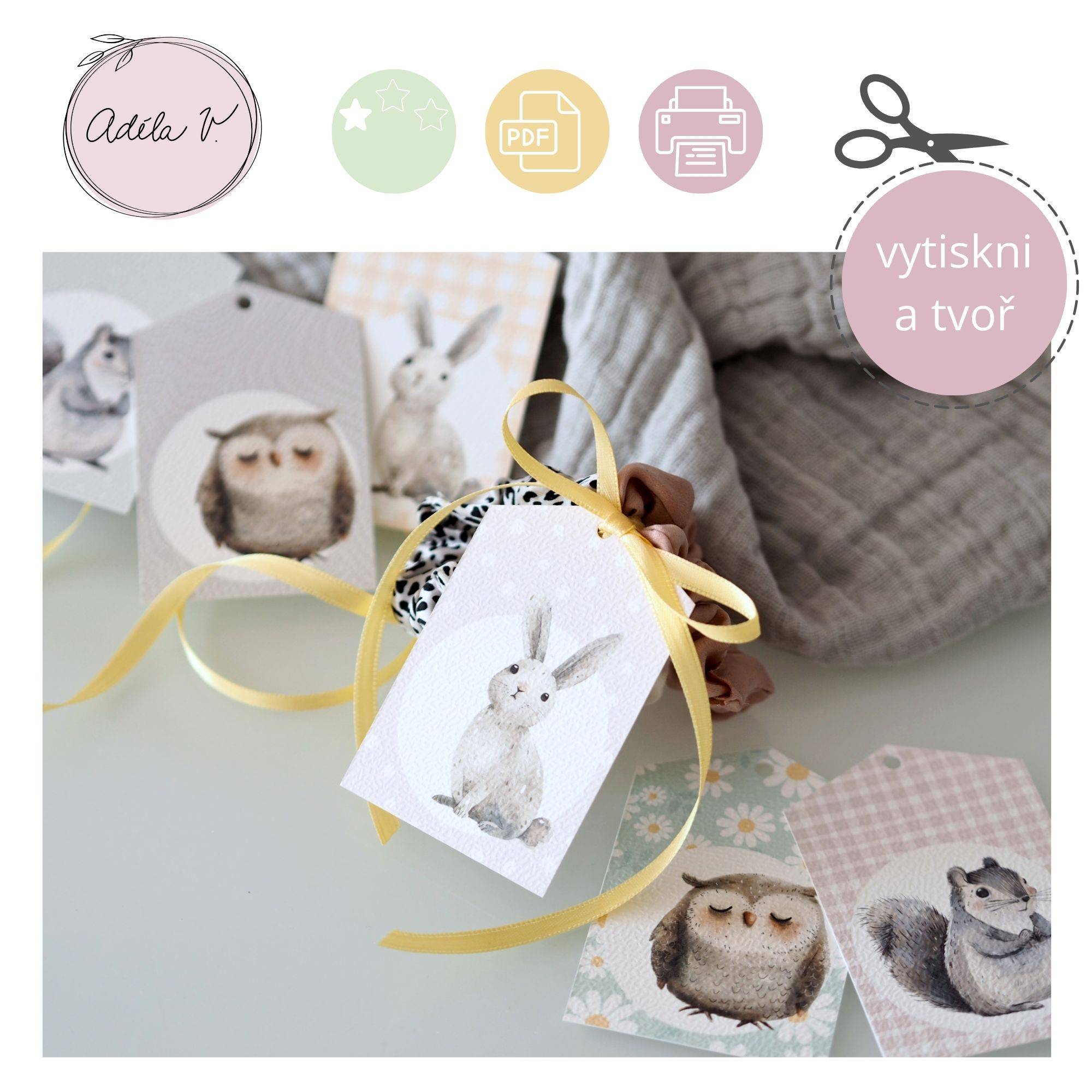 Visačky k dárkům pro holky s motivy veverky, sovičky a zajíce.