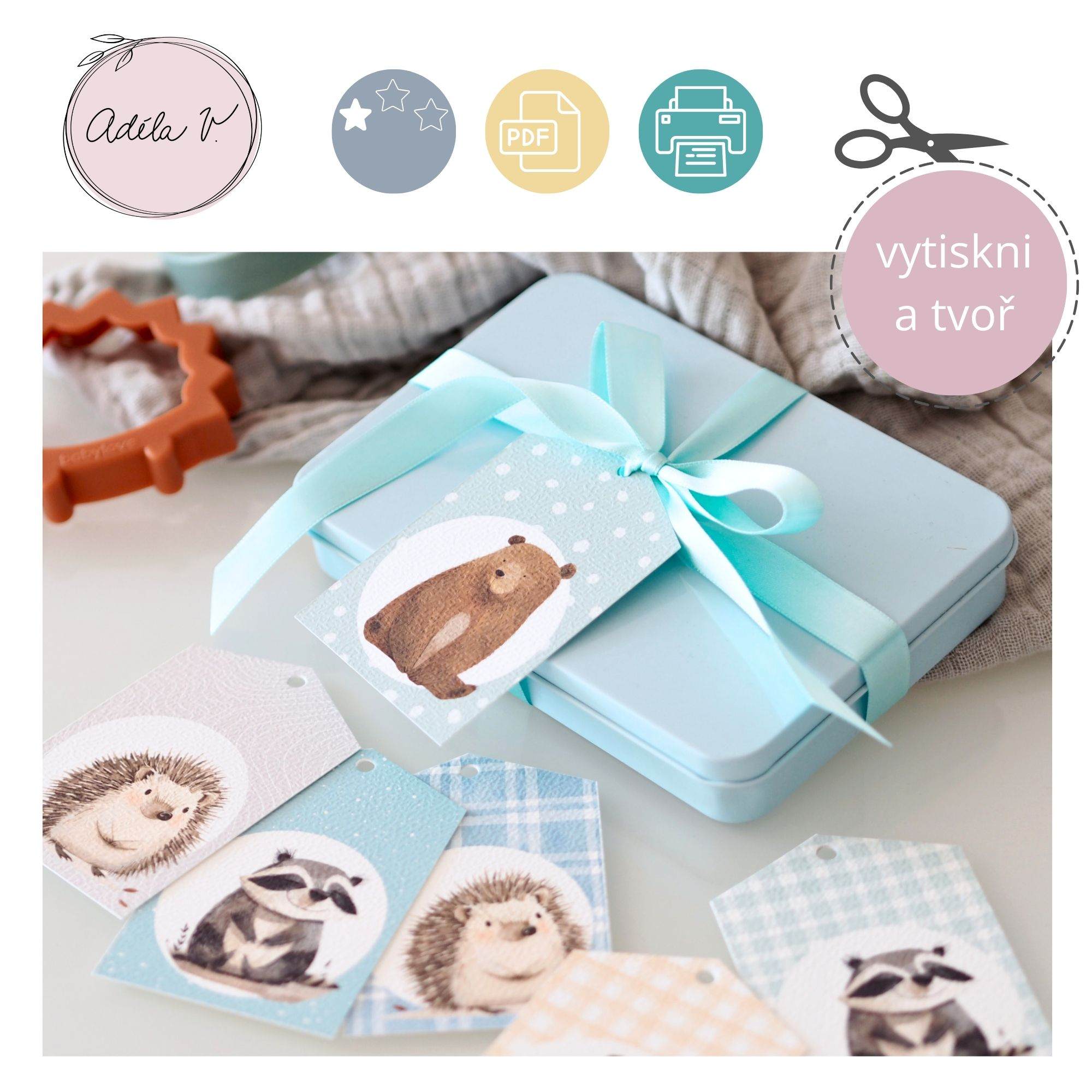 Visačky k dárkům pro kluky s motivy medvídka, mývala a ježka.