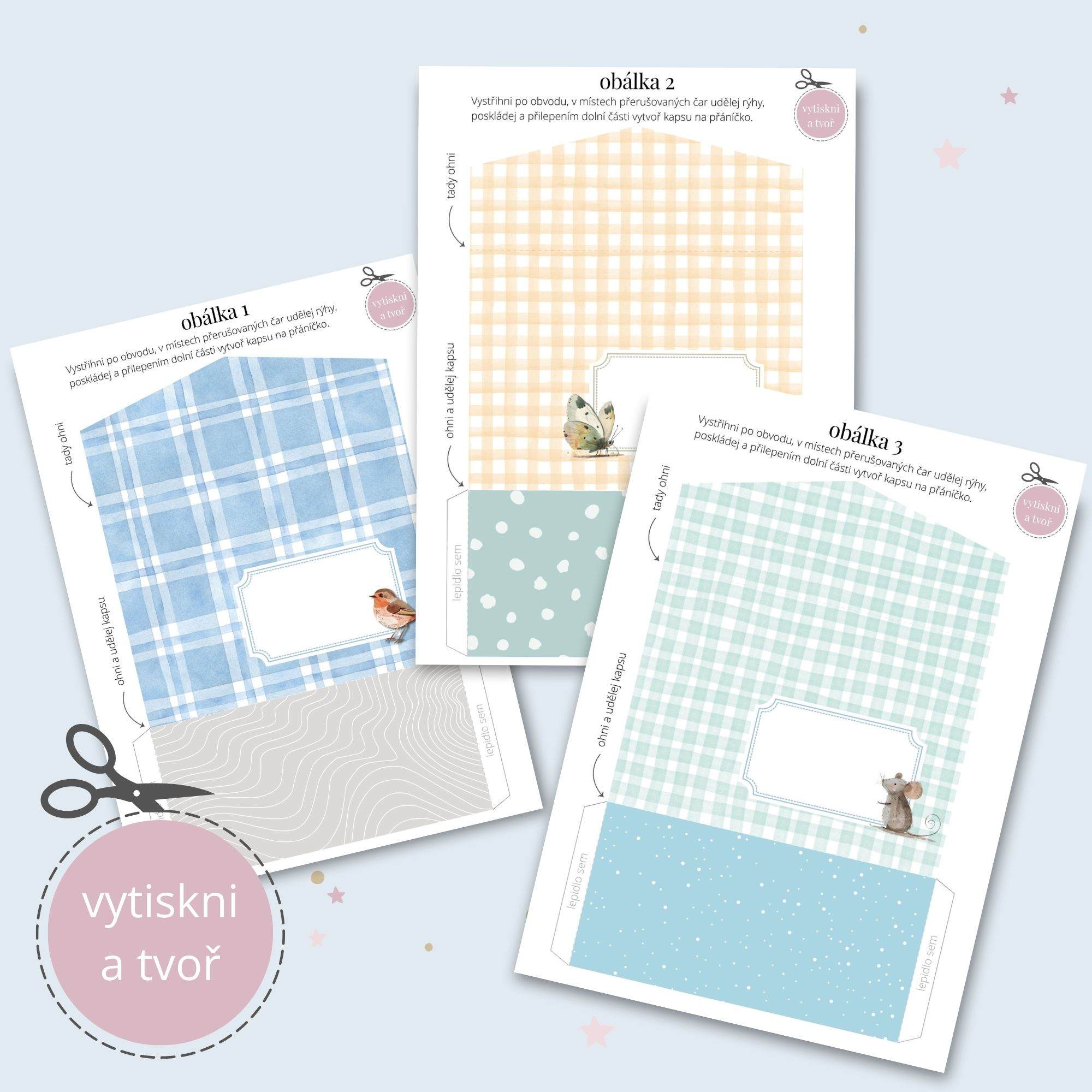 Obálky k vytištění v modrozelených barvách s lesními zvířátky.