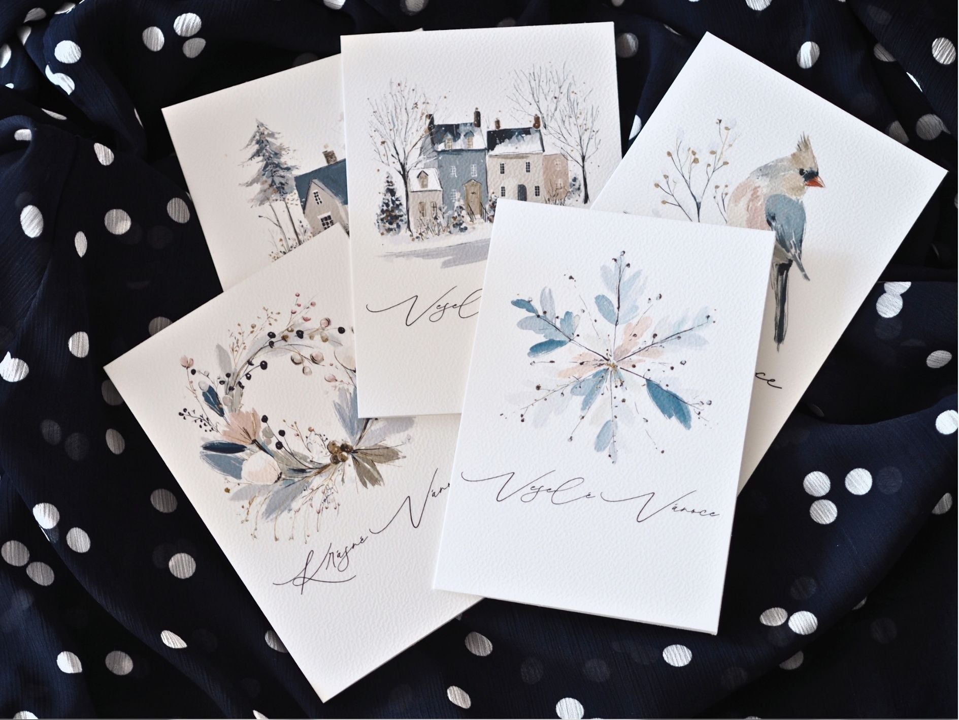 V zimní mlze – velká sada vánočních přání, obálek a visaček k tisku