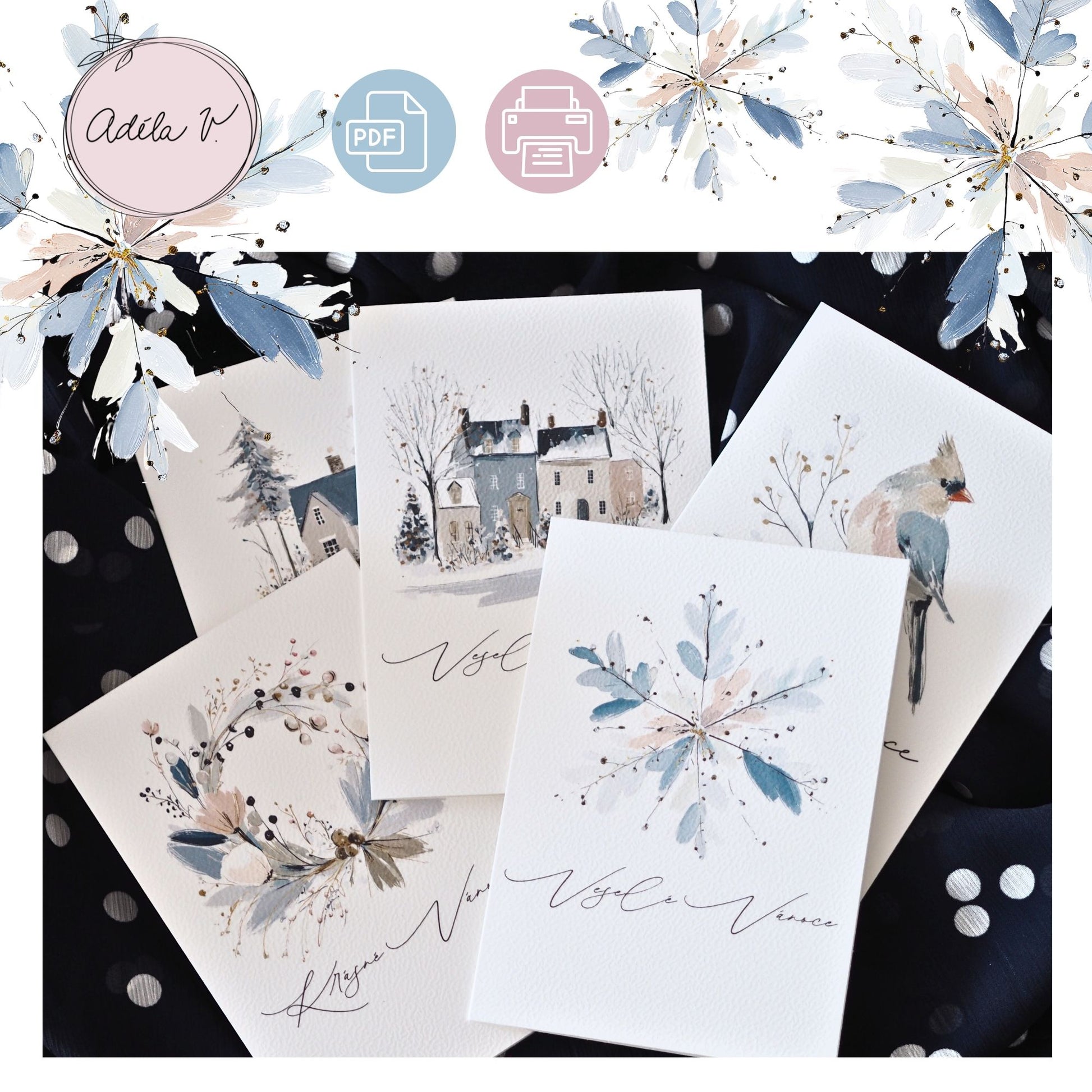 V zimní mlze – sada vánočních přání k tisku (5 ks) - varianta 2