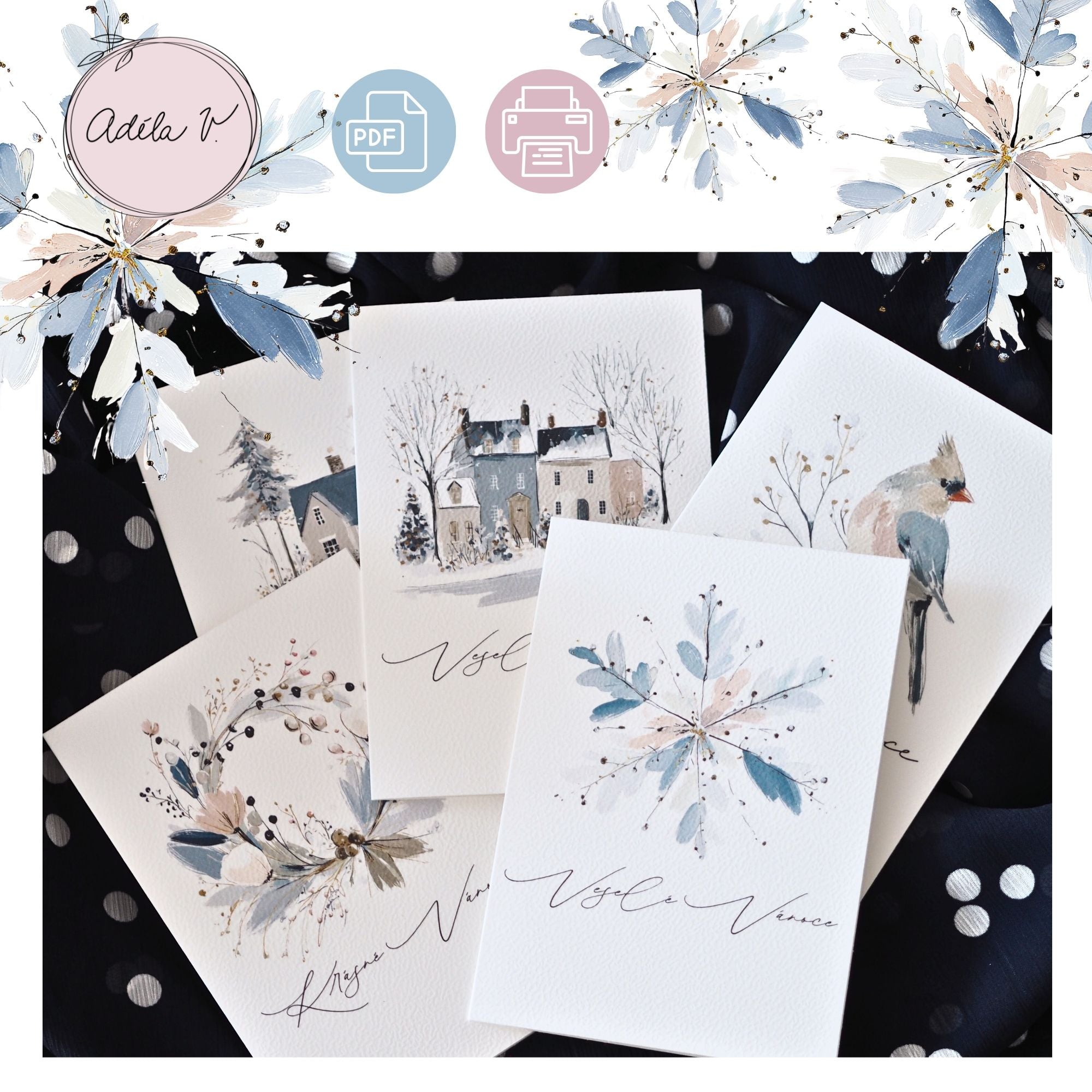 V zimní mlze – sada vánočních přání k tisku (5 ks) - varianta 2