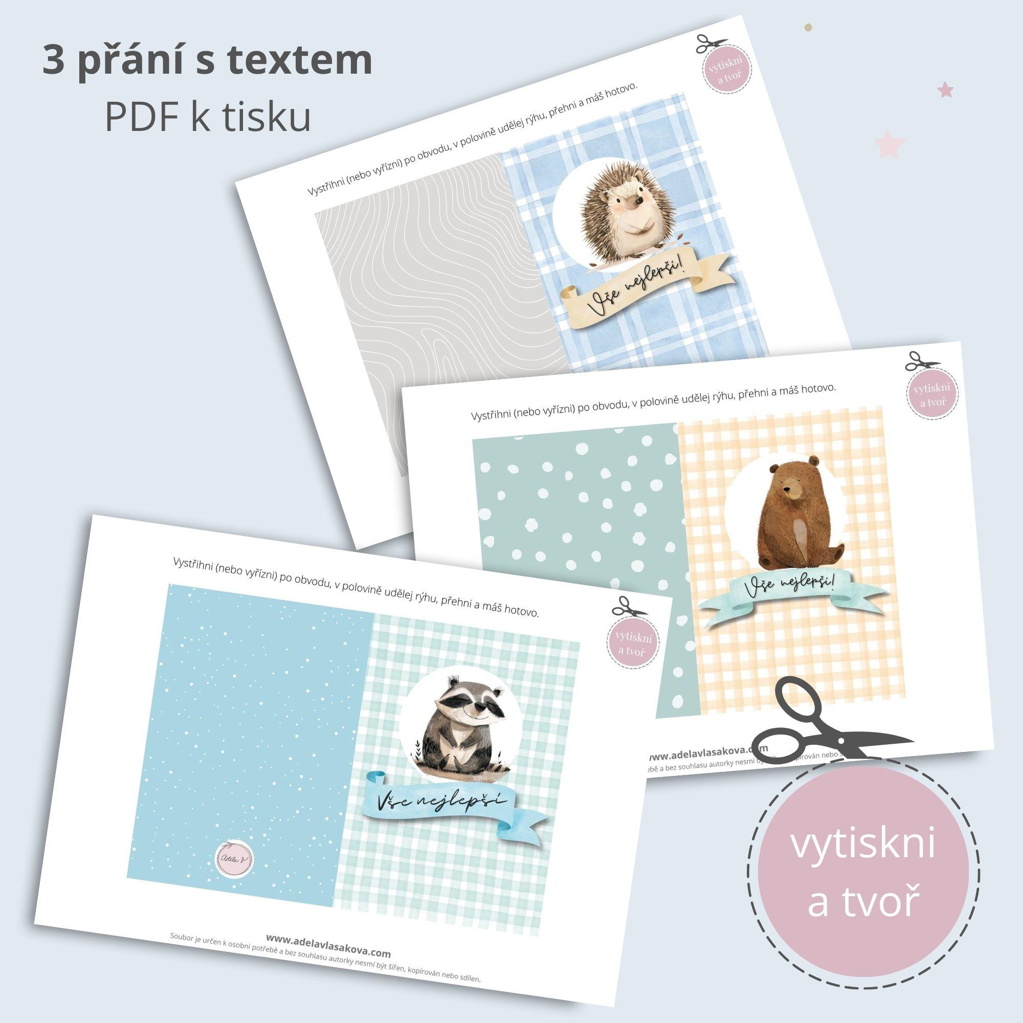 Klukovské narozeninové přání s lesními zvířátky – PDF k vytištění.