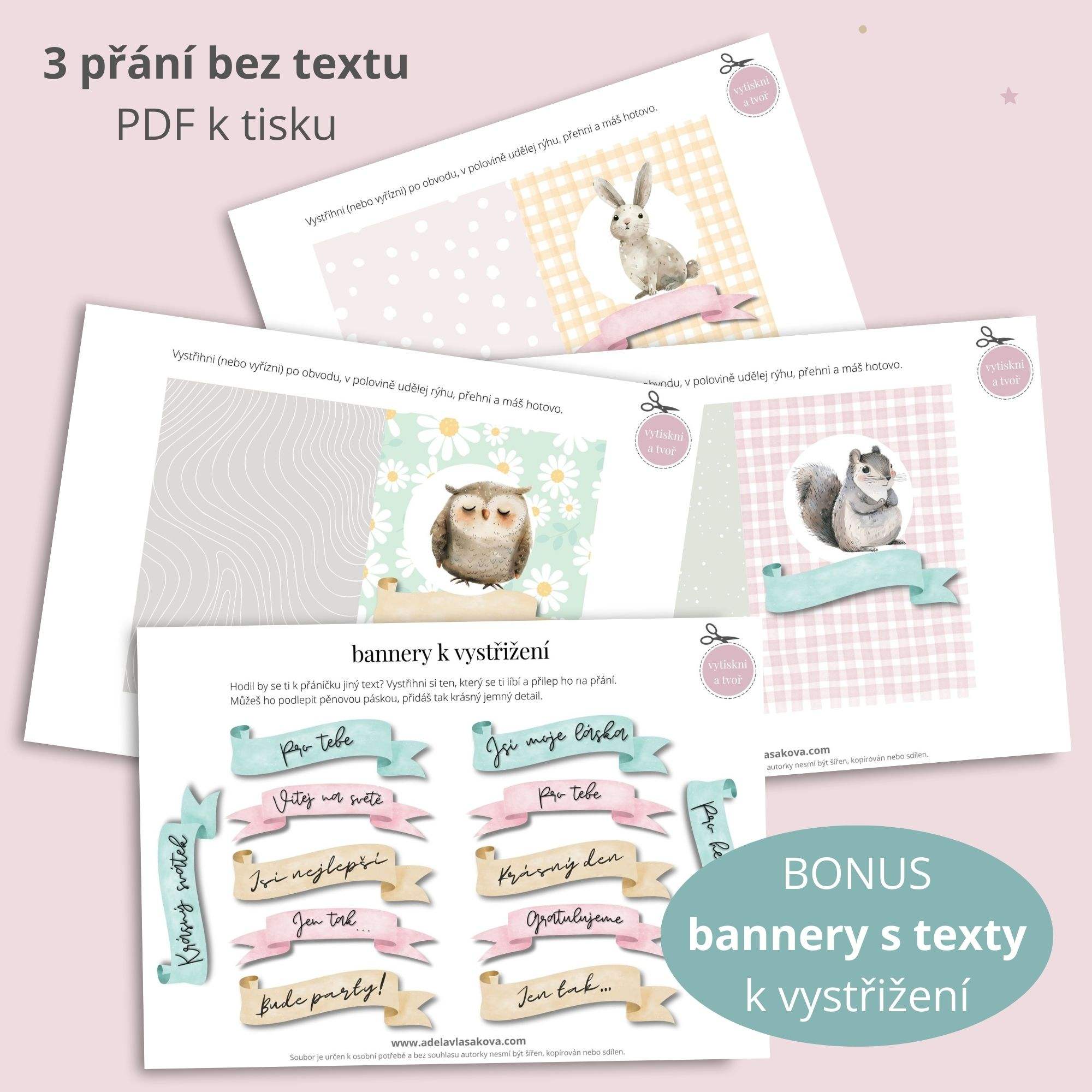 Přání a obálky k vytištění v pastelových barvách s veverkou, zajícem a sovičkou.