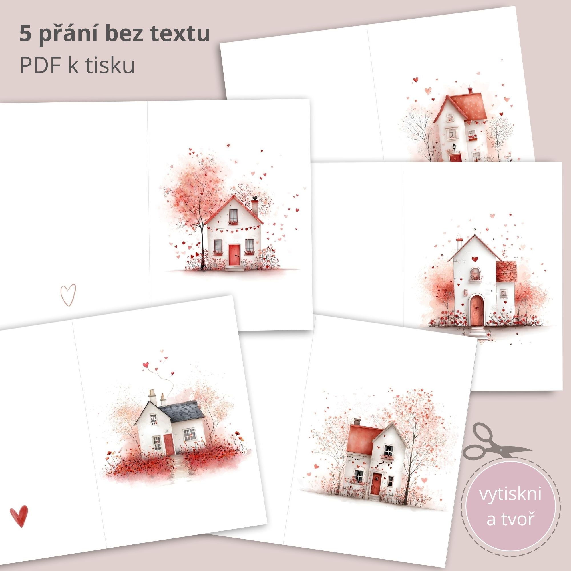 Sada pěti tisknutelných valentýnských přání bez textu