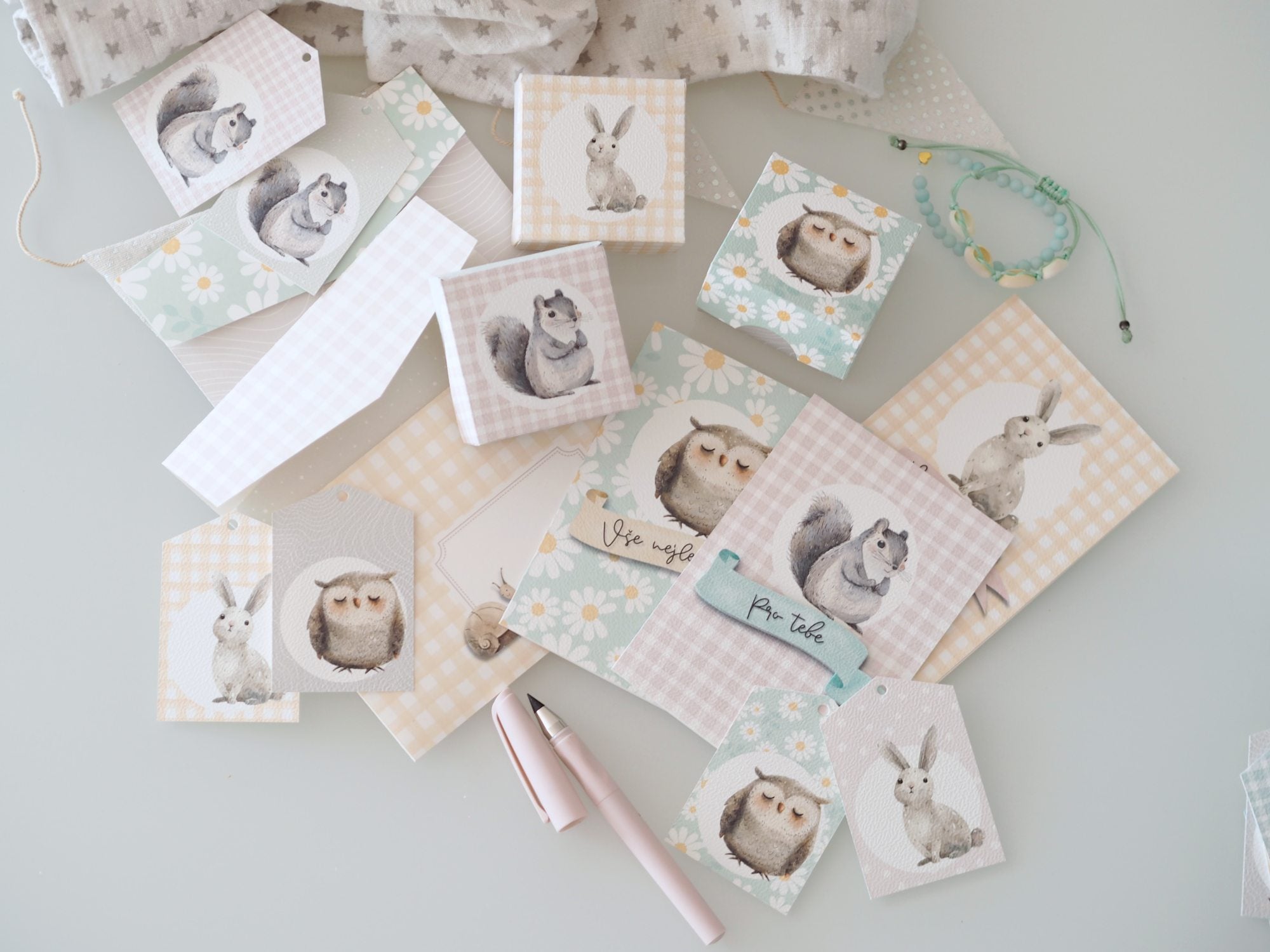 Kompletní PDF sada k tisku v holčičím designu s veverkou, zajícem a sovou.