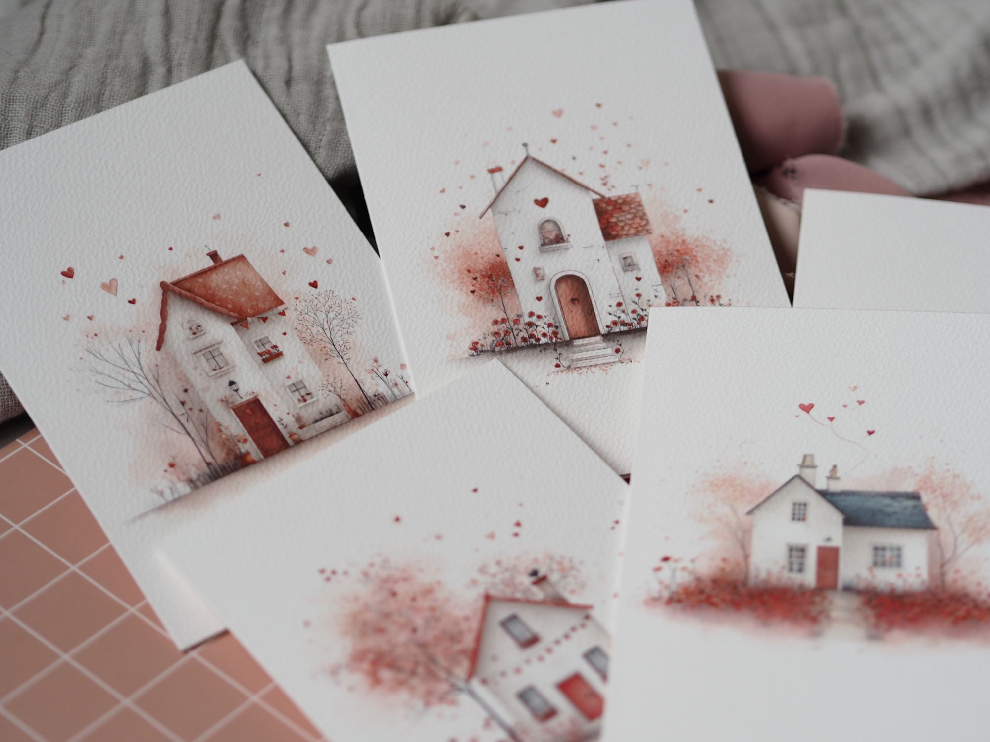 Valentýnská přání s domečky – sada 5 ks | PDF k tisku