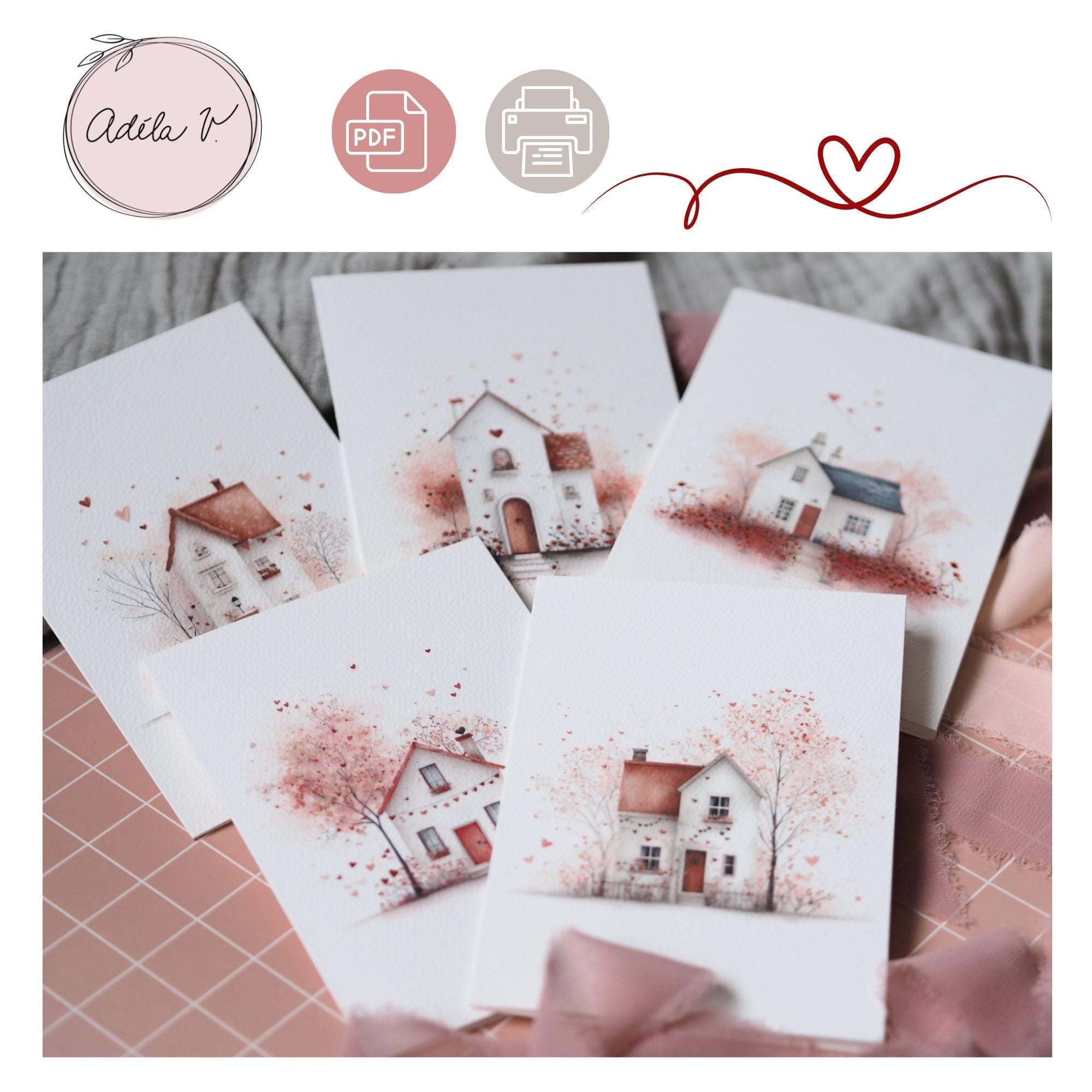 Valentýnská přání s ilustracemi domečků v červených a béžových tónech