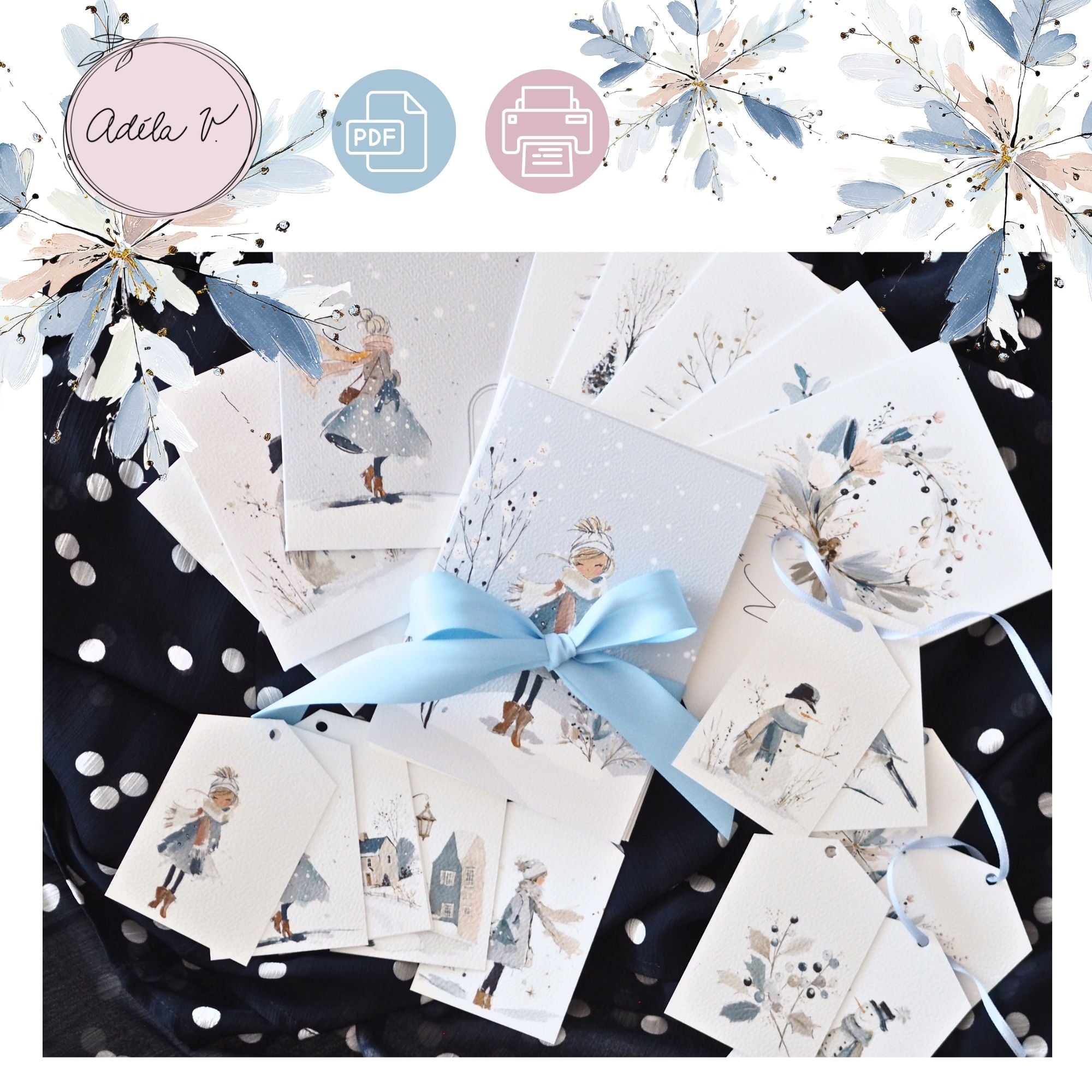 V zimní mlze – velká sada vánočních přání, obálek a visaček k tisku