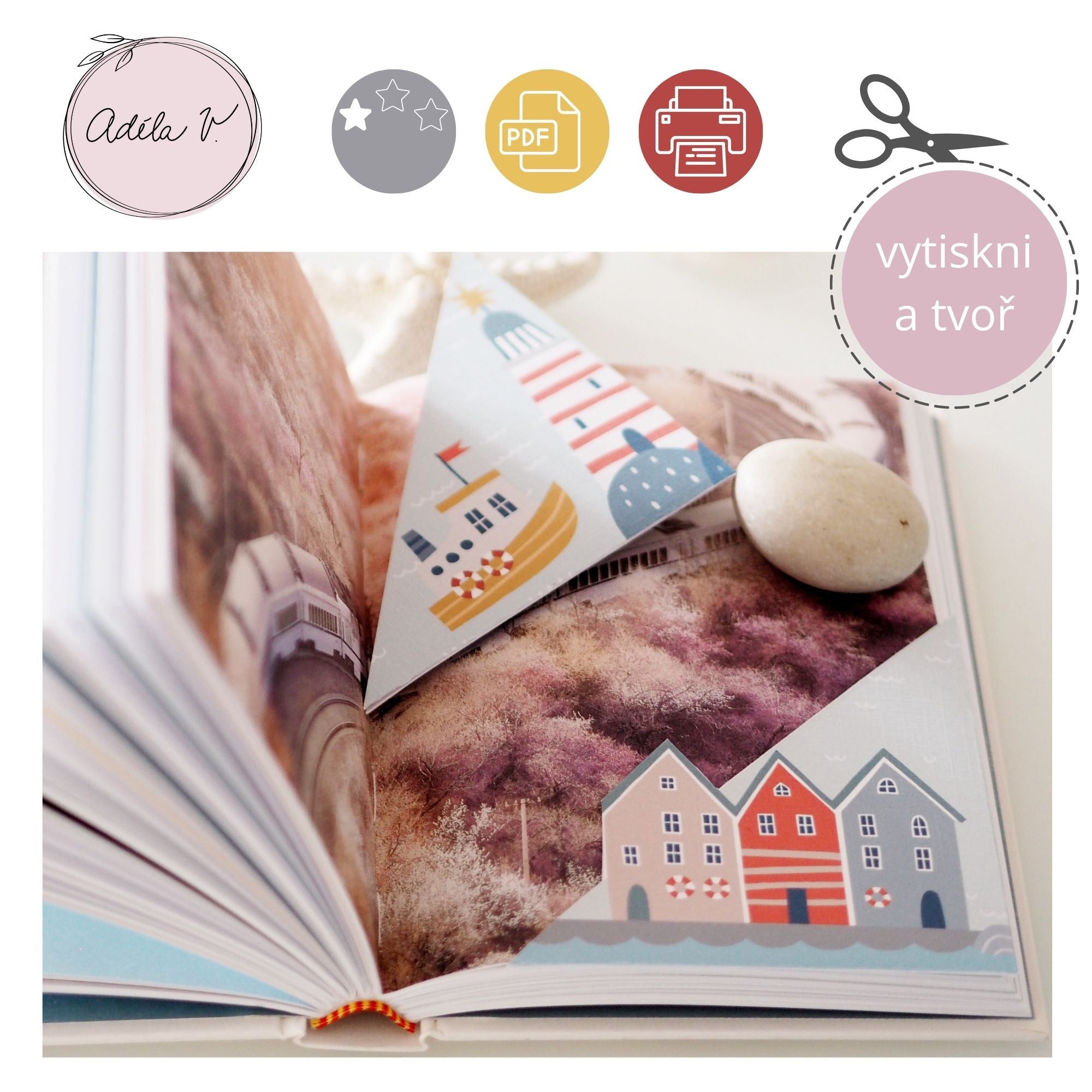 Záložky do knihy s majákem a domečky – kreativní PDF sada